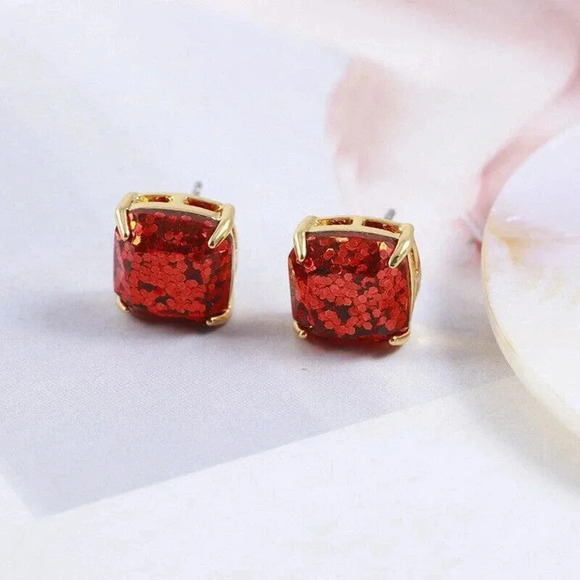 NEW Kate Spade Mini Small Square Glitter Stud Earrings Red Gold K7538 - Picture 2 of 11